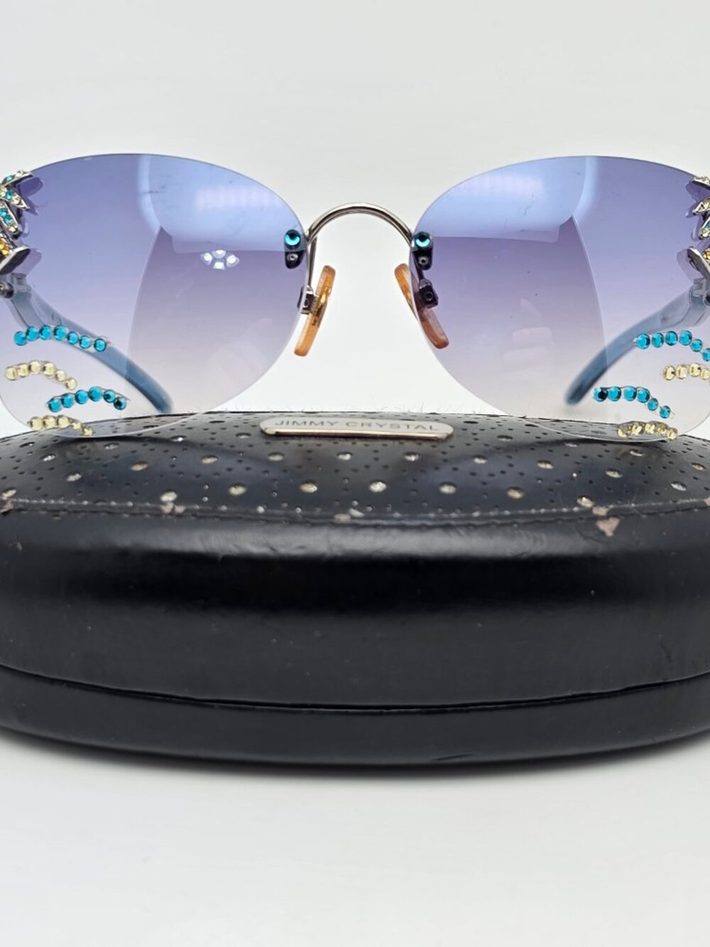 Jimmy Crystal GL478 Silver Palm Tree Swarovski Frame Blue Mirror Lens Sunglasses